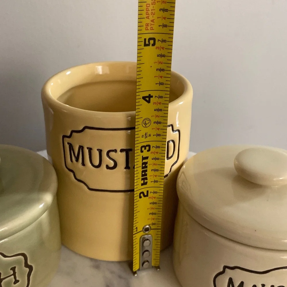 Pottery Barn Ceramic Condiment Set Relish‎ Mustard Mayonnaise Jars 3 Piece Set